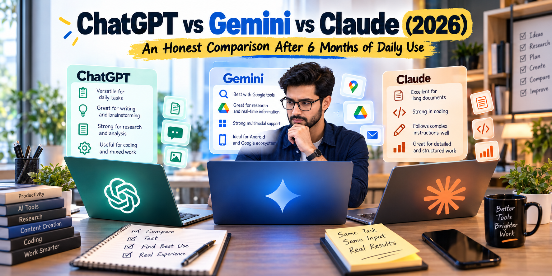 ChatGPT vs Gemini vs Claude 2026 comparison after six months of daily use